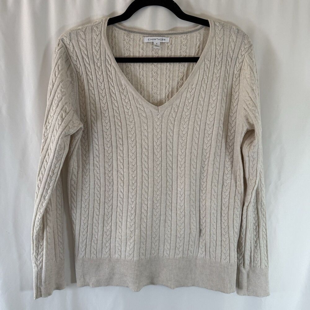 41 Hawthorn Sweater Women's Medium White Cableknit Cashmere Silk Blend V-Neck